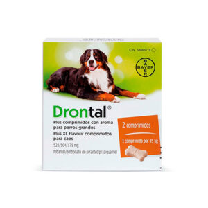 Comprimido marrón con forma de hueso ideal para el tratamiento de infestaciones mixtas causadas por nematodos y cestodos de tu perro.